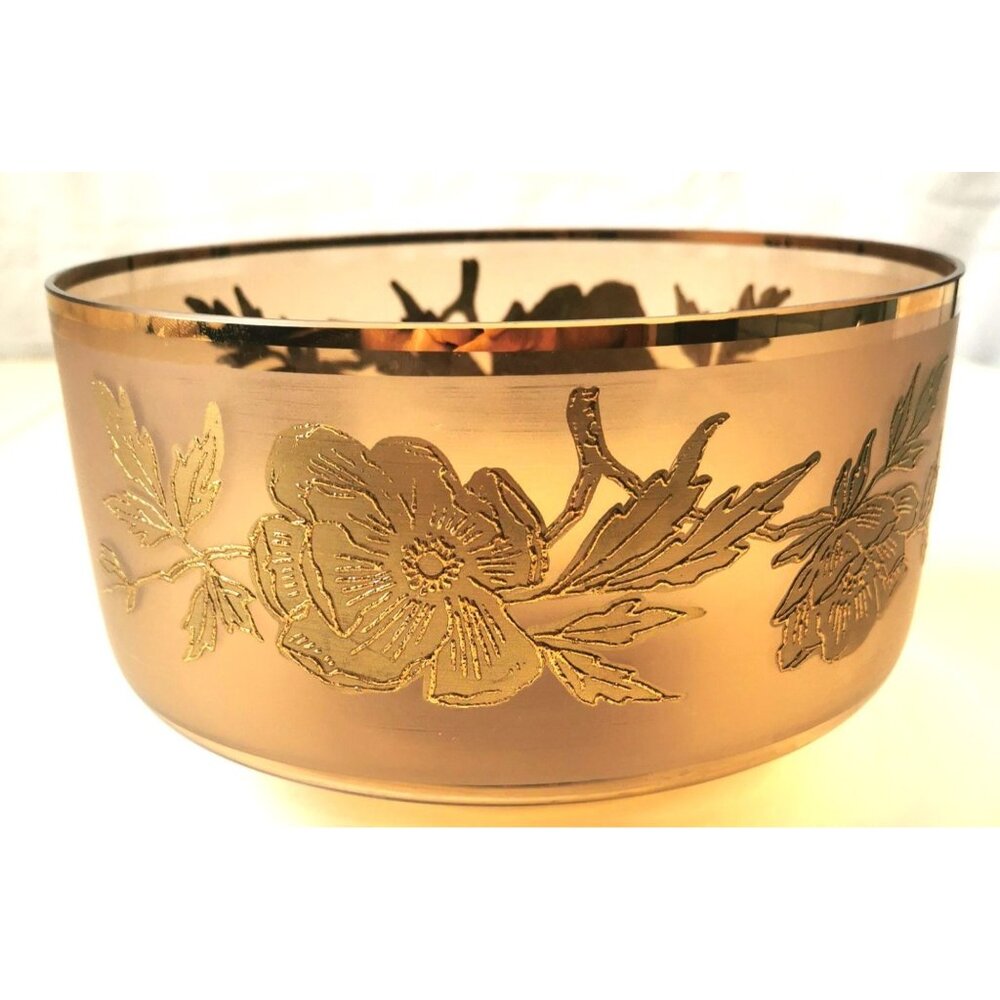 Amber Glass Vintage Gold Floral Accents Serving Dish Gold Gilt Band